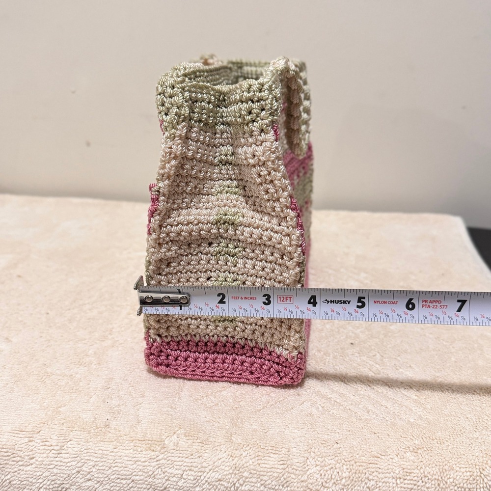 Brigit-Mary Pink Beige Crochet Floral Top Handle Satchel Handbag Knit Purse - Picture 10 of 10